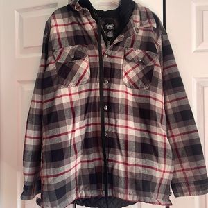 Red black and gray flannel jacket with hood